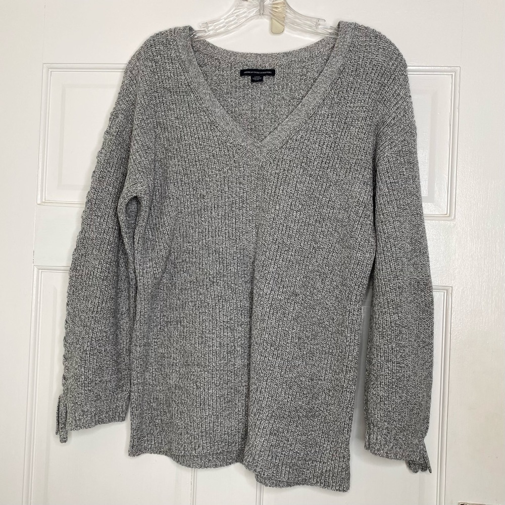 American Eagle Gray V-Neck Sweater Statement Sleeves with Braiding Size Small